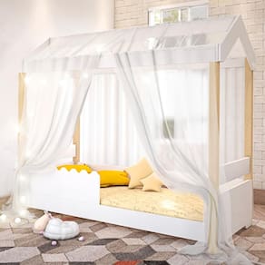 Cama Jéssica Solteiro Branco Voal Branco com Colchão e LED