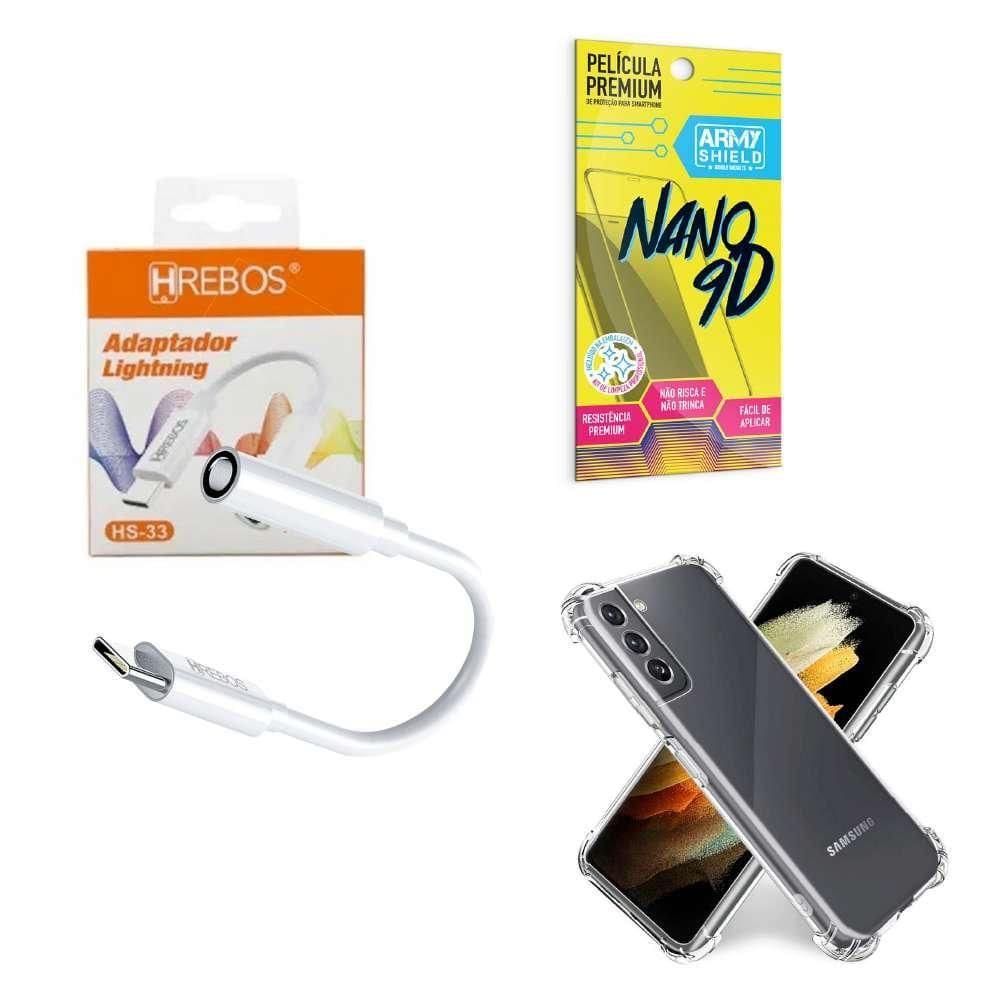 Capinha Samsung S21 + Adaptador P2 Para Tipo C + Película 9D