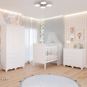 Quarto Bebê Completo Berço Americano Cloe 2 em 1 Guarda Roupas 3 Portas 3 Cômoda Junior 100% MDF