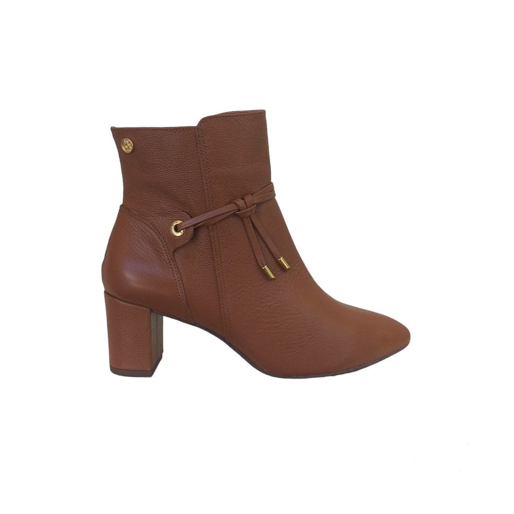 Bota Feminina Couro Caramelo Cano Curto Salto Grosso Confort