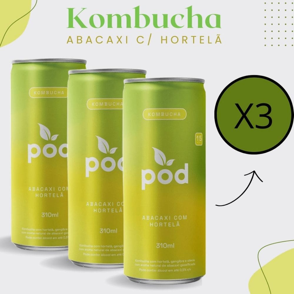 3x Kombucha Sabor Abacaxi c/ Hortelã Lata 310ml Pod Kombucha