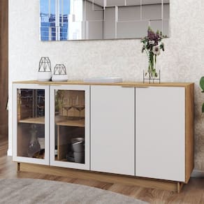 Balcão Buffet Spazio 4 Portas com Vidro Freijó/Off White - Panorama Móveis
