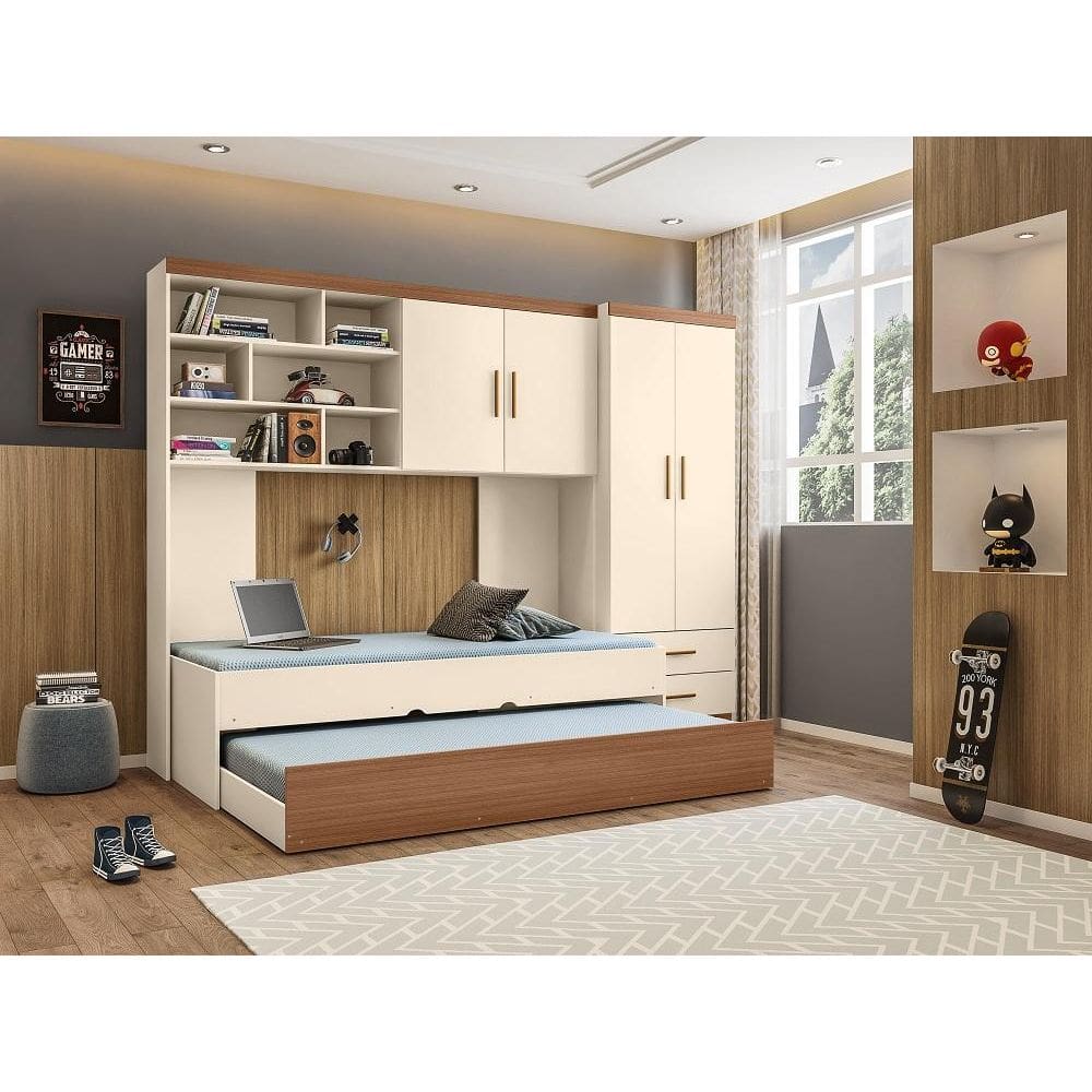 Jogo de Quarto para Adolescente Chiara 4 Peças - Roupeiro 2 portas, Módulo Aéreo e Cama com Auxiliar - Off White Amadeir