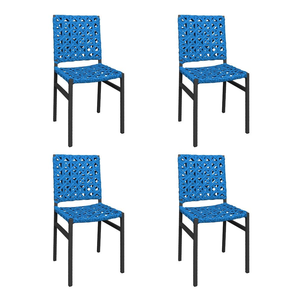 Kit 4 Cadeiras Deck Alumínio Junco Trançado Teia Azul Unicolor