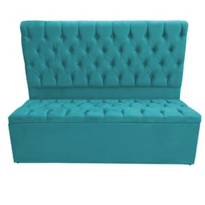 Kit Cabeceira e Calçadeira Baú Sofia Solteiro 90cm Veludo Azul Turquesa - Montanaris Decor