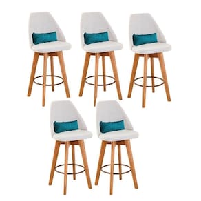 Kit 05 Banquetas Alta Maya Giratória Com Encosto Linho Bege Claro e Almofada Corino Azul Turquesa - Aurora Line