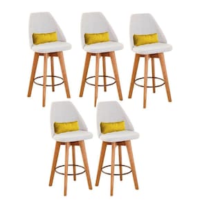 Kit 05 Banquetas Alta Maya Giratória Com Encosto Linho Bege Claro e Almofada Corino Amarelo - Aurora Line