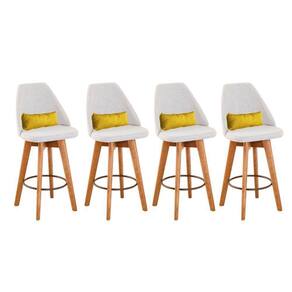 Kit 04 Banquetas Alta Maya Giratória Com Encosto Gourmet Linho Bege e Almofada Sintético Amarelo - Aurora Line