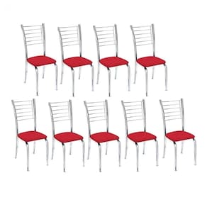 Kit 9 Cadeiras De Jantar Lara Cromada Para Cozinha Assento Corino Vermelho - Aurora Line