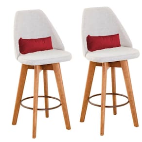 Kit 02 Banquetas Alta Maya Giratória Com Encosto Gourmet Linho Bege e Almofada Vermelho - Aurora Line