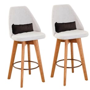 Kit 02 Banquetas Alta Maya Giratória Com Encosto Linho Bege Claro e Almofada Suede Marrom - Aurora Line