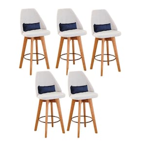 Kit 05 Banquetas Alta Maya Giratória Com Encosto Gourmet Linho Bege e Almofada Sintético Azul Marinho - Aurora Line