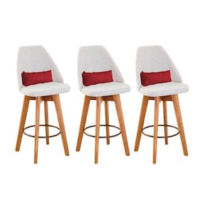 Kit 03 Banquetas Alta Maya Giratória Com Encosto Gourmet Linho Bege e Almofada Corino Vermelho - Aurora Line