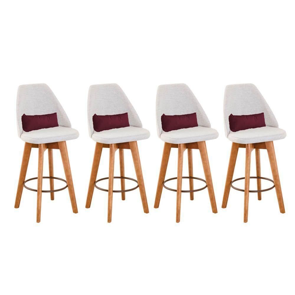 Kit 04 Banquetas Alta Maya Giratória Com Encosto Gourmet Linho Bege e Almofada Suede Bordô - Aurora Line