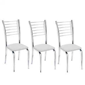 Kit 3 Cadeiras De Jantar Lara Cromada Para Cozinha Assento Corino Branco - Aurora Line