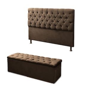 Kit Cabeceira e Calçadeira Baú Sofia Solteiro 90cm Veludo Marrom - Montanaris Decor