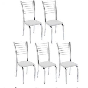 Kit 5 Cadeiras De Jantar Lara Cromada Para Cozinha Assento Corino Branco - Aurora Line