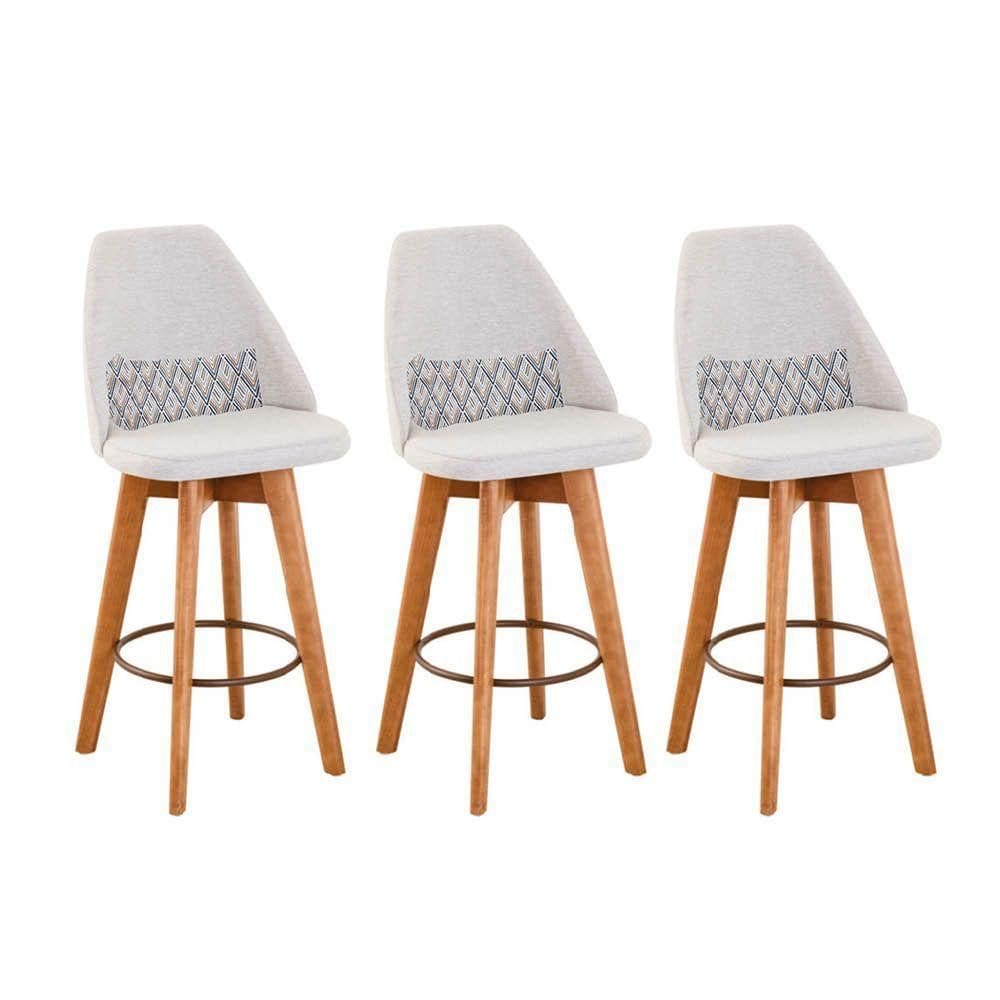 Kit 03 Banquetas Alta Maya Giratória Com Encosto Gourmet Linho Bege e Almofada Zigzag - Aurora Line