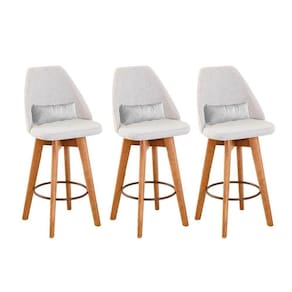 Kit 03 Banquetas Alta Maya Giratória Com Encosto Gourmet Linho Bege e Almofada Suede Branco - Aurora Line