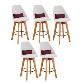 Kit 05 Banquetas Alta Maya Giratória Com Encosto Linho Bege Claro e Almofada Suede Bordô - Aurora Line