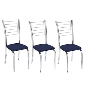 Kit 3 Cadeiras De Jantar Lara Cromada Para Cozinha Assento Sintético Azul Marinho - Aurora Line