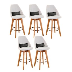 Kit 05 Banquetas Alta Maya Giratória Com Encosto Gourmet Linho Bege e Almofada Suede Cinza - Aurora Line