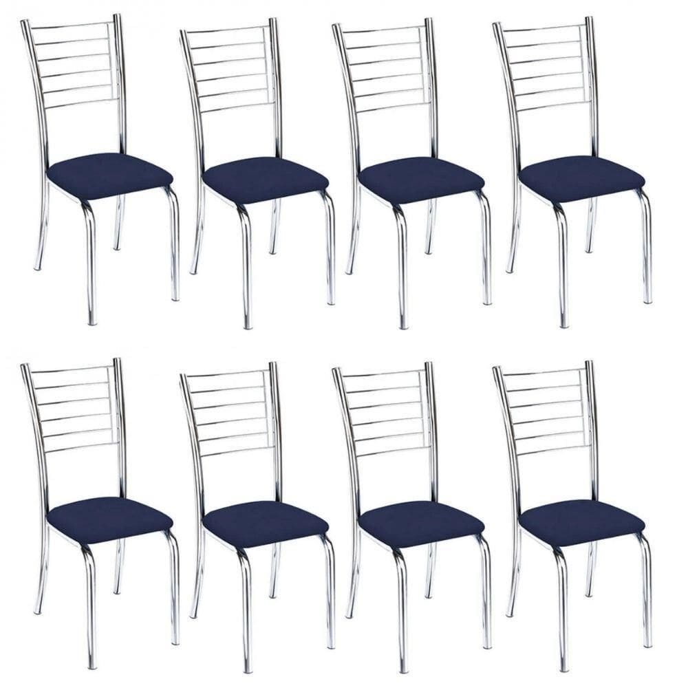 Kit 8 Cadeiras De Jantar Lara Cromada Para Cozinha Assento Corino Azul Marinho - Aurora Line