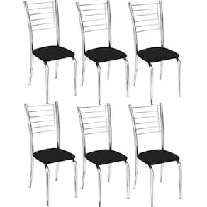 Kit 6 Cadeiras De Jantar Lara Cromada Para Cozinha Em Aço Super Resistente Assento Sintético Preto - Aurora Line