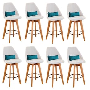 Kit 08 Banquetas Alta Maya Giratória Com Encosto Linho Bege Claro e Almofada Sintético Azul Turquesa - Aurora Line