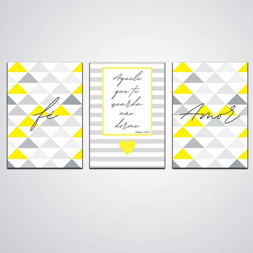 Quadro Decorativo 3 Peças Fé Amor Amarelo