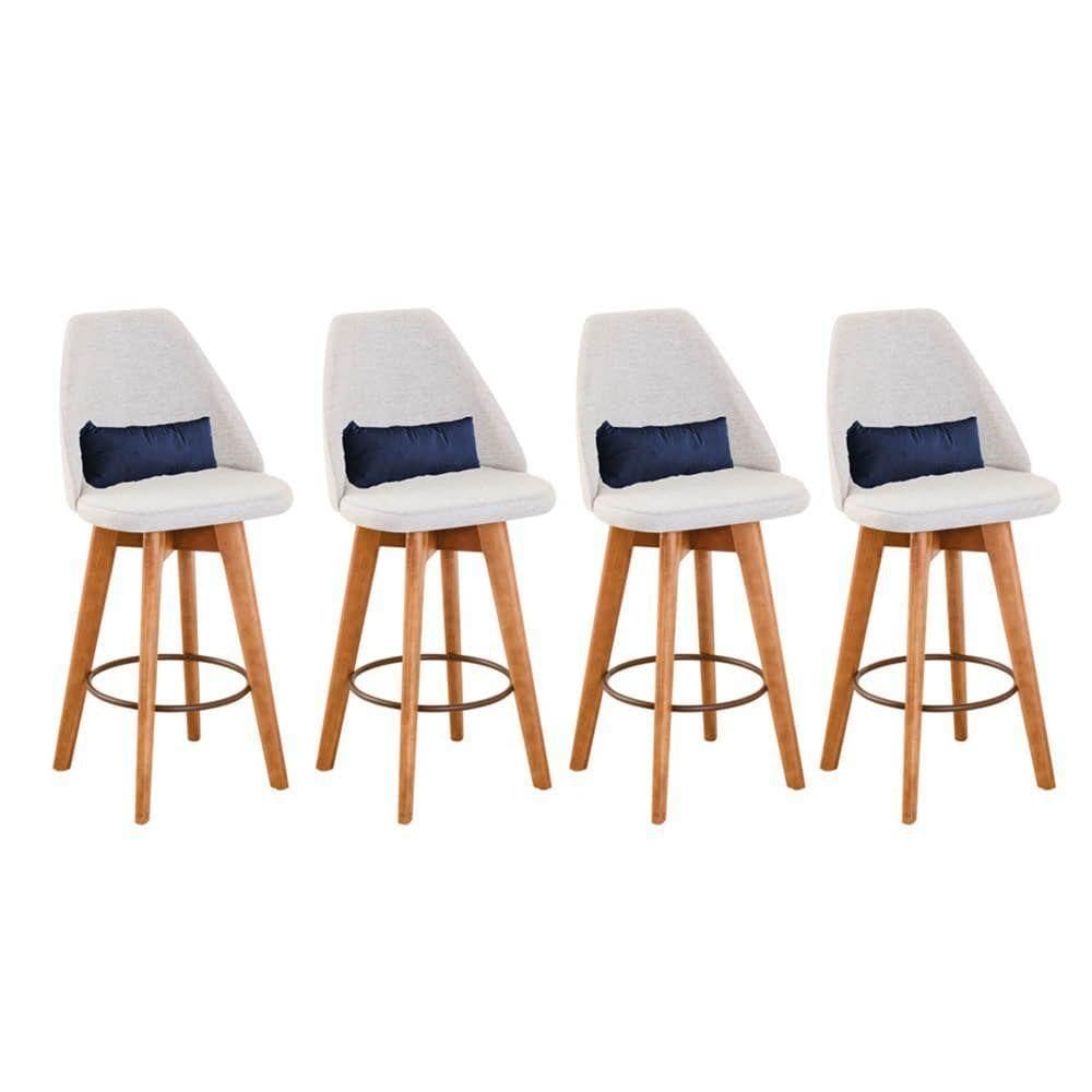 Kit 04 Banquetas Alta Maya Giratória Com Encosto Linho Bege Claro e Almofada Suede Azul Marinho - Aurora Line