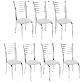 Kit 7 Cadeiras De Jantar Lara Cromada Para Cozinha Assento Corino Branco - Aurora Line