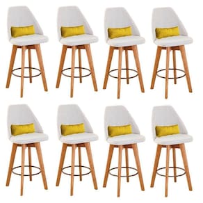 Kit 08 Banquetas Alta Maya Giratória Com Encosto Linho Bege Claro e Almofada Sintético Amarelo - Aurora Line