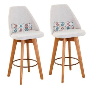 Kit 02 Banquetas Alta Maya Giratória Com Encosto Gourmet Linho Bege e Almofada Mosaico - Aurora Line