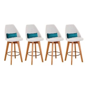 Kit 04 Banquetas Alta Maya Giratória Com Encosto Gourmet Linho Bege e Almofada Sintético Azul Turquesa - Aurora Line