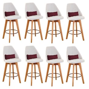Kit 08 Banquetas Alta Maya Giratória Com Encosto Gourmet Linho Bege e Almofada Suede Bordô - Aurora Line