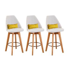Kit 03 Banquetas Alta Maya Giratória Com Encosto Linho Bege Claro e Almofada Sintético Amarelo - Aurora Line