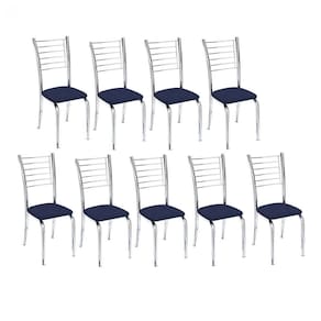 Kit 9 Cadeiras De Jantar Lara Cromada Para Cozinha Assento Corino Azul Marinho - Aurora Line