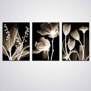 Kit 3 Quadros Decorativos Flores Tons De Cinza