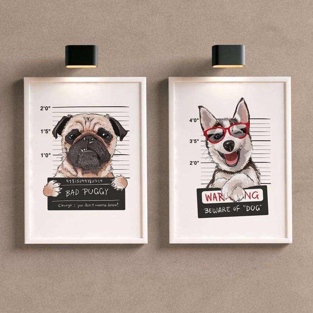 Kit 2 Quadros Decorativos Cachorros Wallze 24x33cm