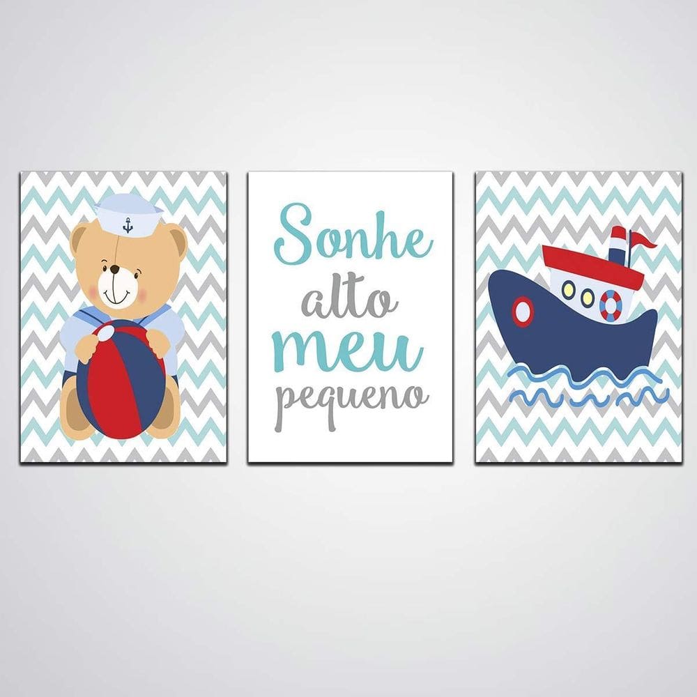 Quadro Decorativo 3 Peças Infantil Sonhe Alto Meu Pequeno