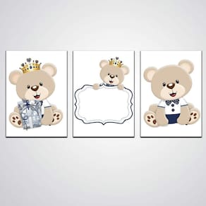 Quadro Decorativo 3 Peças Urso Infantil Quarto De Menino