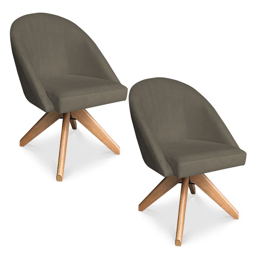 Kit 02 Poltronas Cadeira Giratória Bela Suede Marrom Rato Base de Madeira - Pallazio
