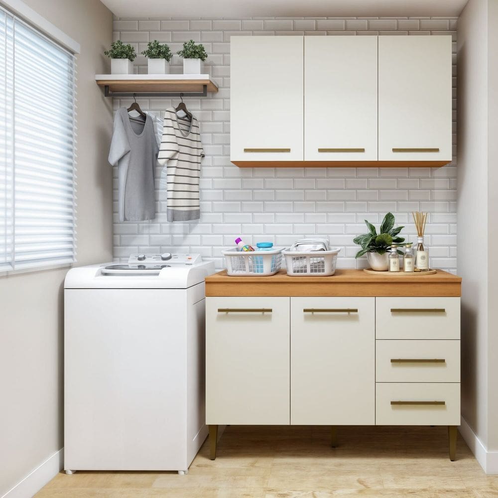 Lavanderia Modulada Armário Aéreo e Balcão Brasília Marrom/Off White
