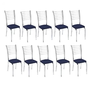 Kit 10 Cadeiras De Jantar Lara Cromada Para Cozinha Assento Corino Azul Marinho - Aurora Line
