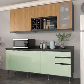 Cozinha Compacta Azaleia 200cm com Tampo, 4 Peças, 8 Portas e 3 Gavetas com Divisor de Talheres Verde/Freijó