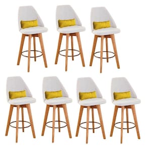 Kit 07 Banquetas Alta Maya Giratória Com Encosto Gourmet Linho Bege e Almofada Sintético Amarelo - Aurora Line
