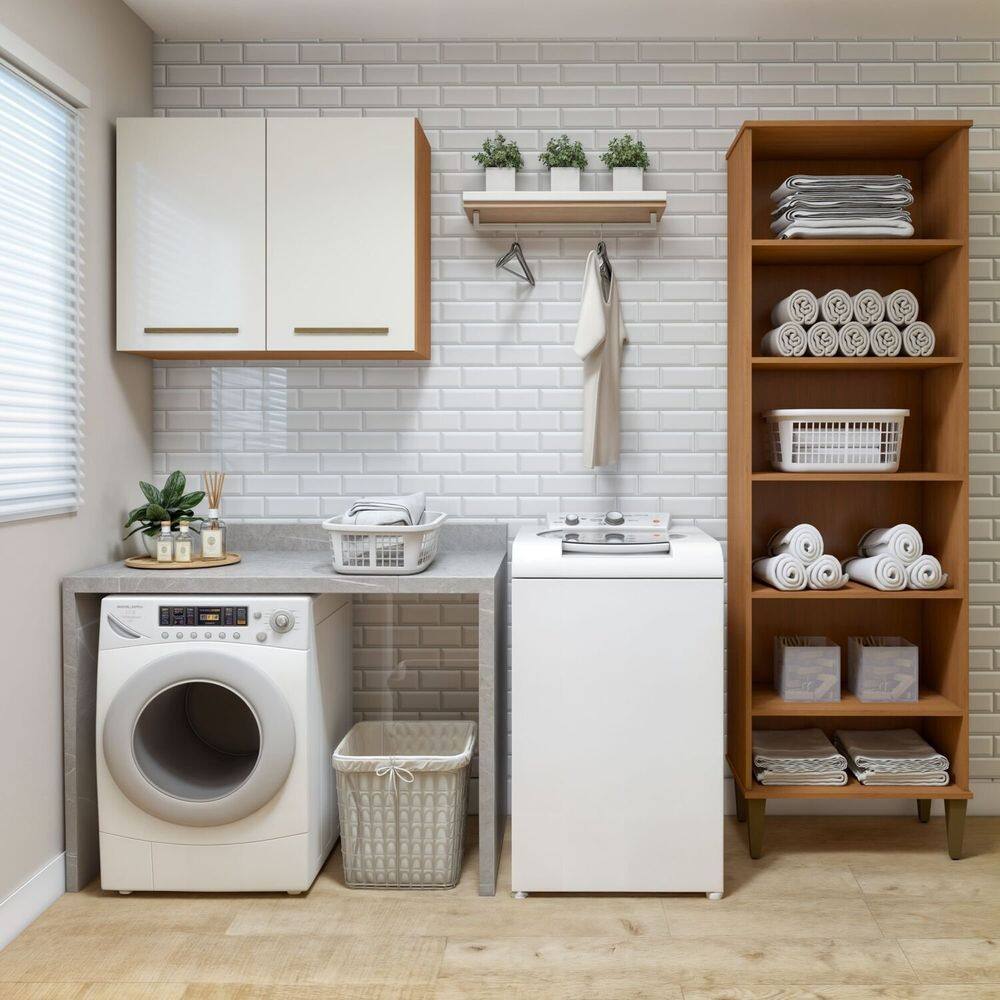 Lavanderia Modulada 1 Armário Multiuso e Armário Aéreo Belém Marrom/Off White