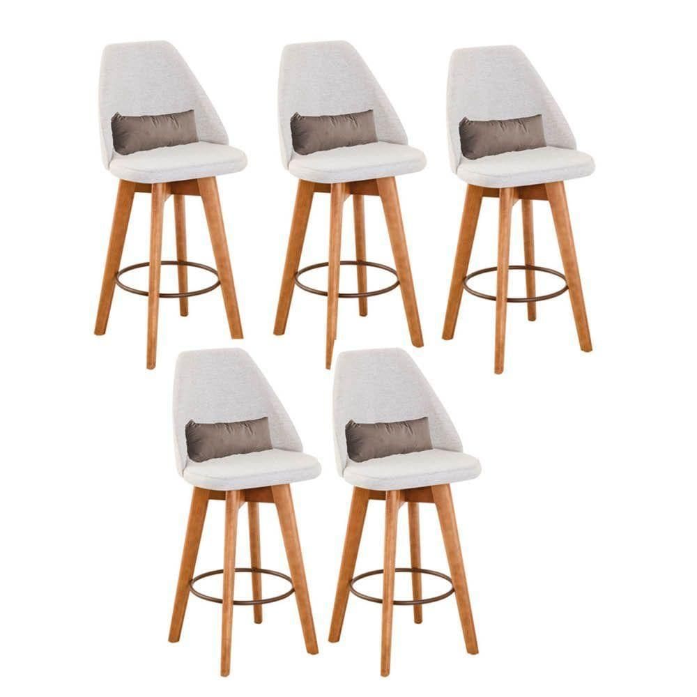 Kit 05 Banquetas Alta Maya Giratória Com Encosto Gourmet Linho Bege e Almofada Suede Bege - Aurora Line