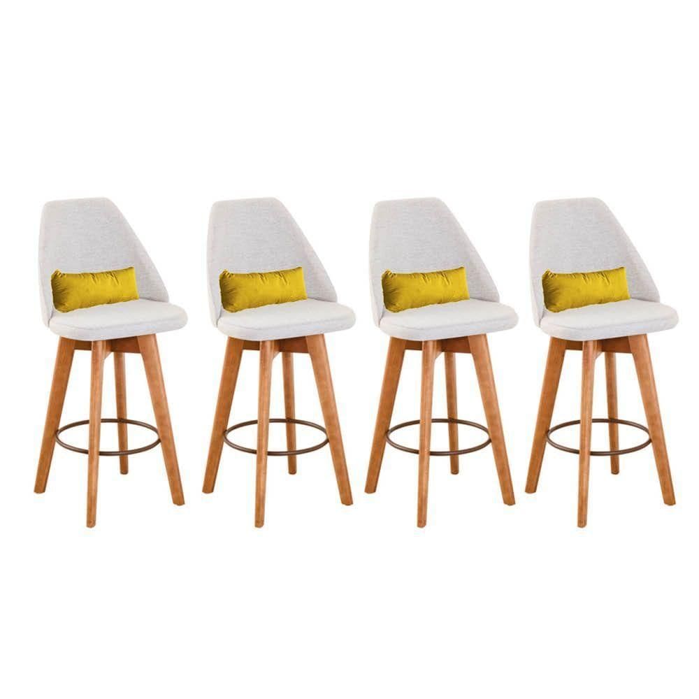 Kit 04 Banquetas Alta Maya Giratória Com Encosto Gourmet Linho Bege e Almofada Suede Amarelo - Aurora Line